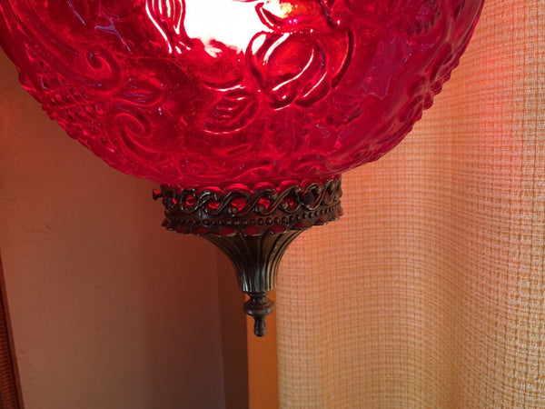 Vintage MCM Ruby Red Glass Hanging Swag Lamp mid century modern retro roses