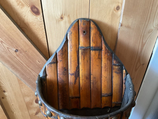 Vtg wood BAMBOO  HANGING wall POCKET PLANTER mid century boho mcm