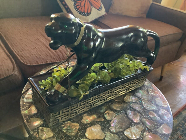 Vintage mid century mcm Black Panther cat  Green Eyes Lane TV Lamp Brass base