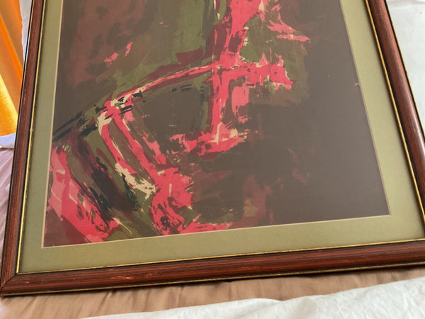 Vintage mid century  red green  Framed wood  frame Abstract Art print wall art