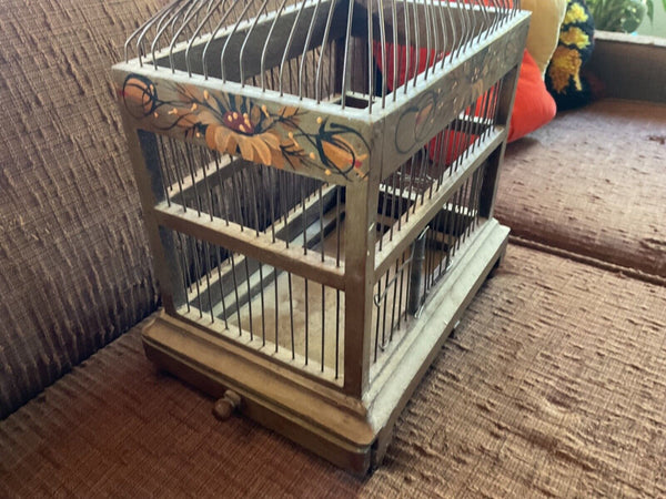 Vintage Bird Cage  birdcage wedding Hand Painted Flowers Wood Wire tray