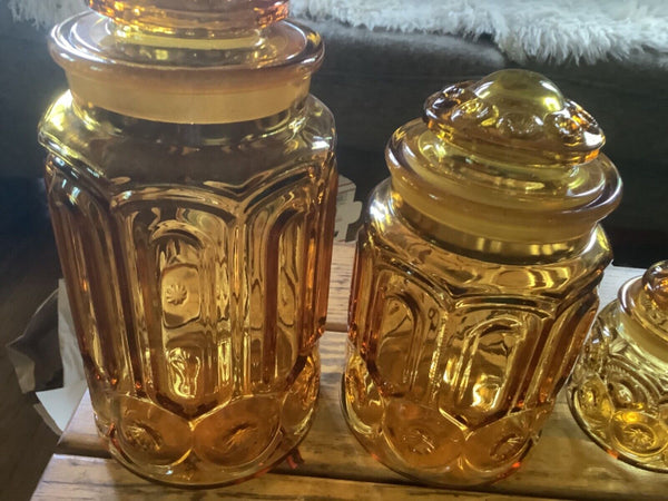 Vintage set of 3  Mid Century L.E. Smith moon & stars glass canisters with lids