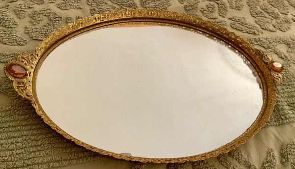 Vtg MID CENTUry FILIGREE ORMOLU VANITY PERFUME TRAY mirror regency