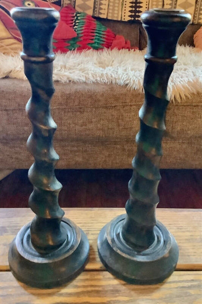 Antique  vtg English Oak Wooden Barley Twist Candlestick Brass Thistle Holders