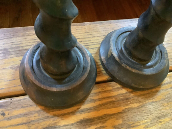 Antique  vtg English Oak Wooden Barley Twist Candlestick Brass Thistle Holders