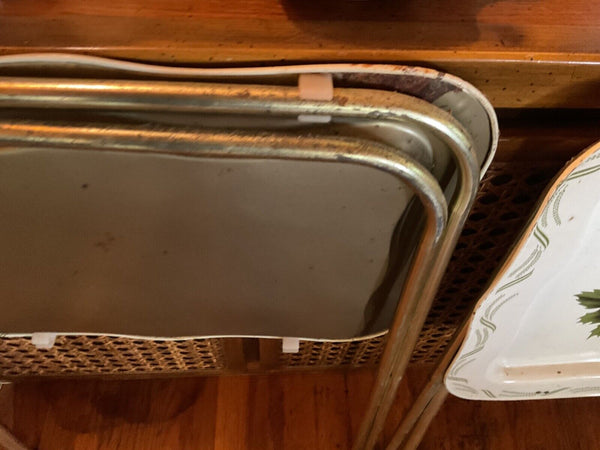 Pair Vintage Metal TV Trays tables cream green 1970s MCM mid century modern