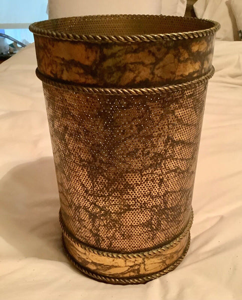 Vintage Hollywood Regency Gold Gilt Metal Waste Basket Italian Mid Century 12"