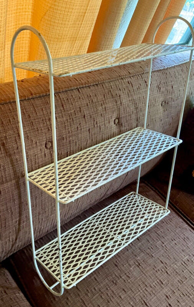 VTG Metal mesh wire 3 Tiered Wall Mid Century Modern White Shelf towel rack mcm