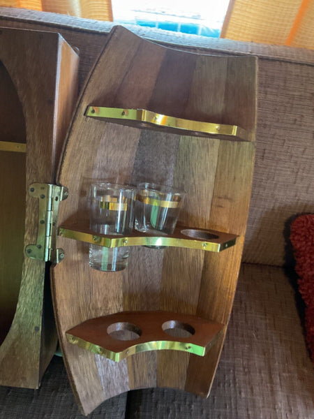 Vintage Wood Mini Whiskey Barrel Bar Cabinet Hanging Countertop Glasses Tumblers