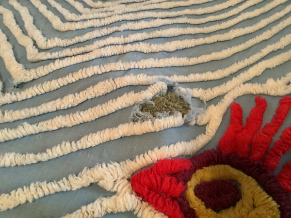 Vintage red pink Blue Peacock & Flowers  Chenille Bedspread  Flaws