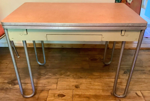Vtg   pink Chrome Formica Dining kitchen Table Mid Century Modern leaves chairs
