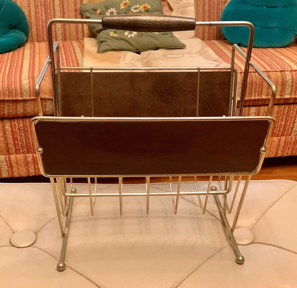 Vtg mid century mcm Atomic Magazine Rack Record Holder Gold Tone METAL wire WOOD