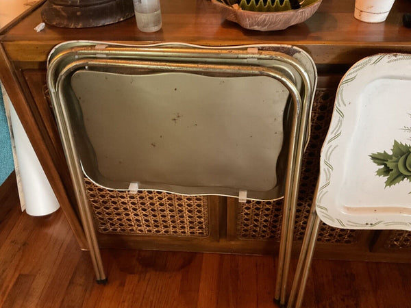 Pair Vintage Metal TV Trays tables cream green 1970s MCM mid century modern