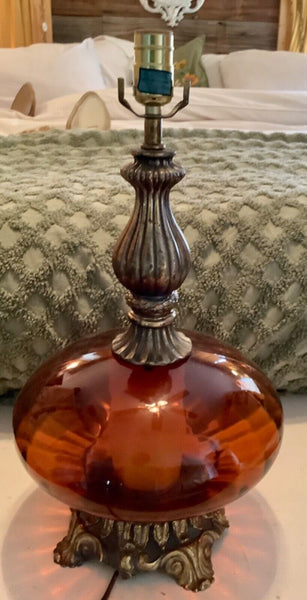 Vtg Mid Century Iridescent Amber Glass Saucer & Brass Hollywood  regency  lamp