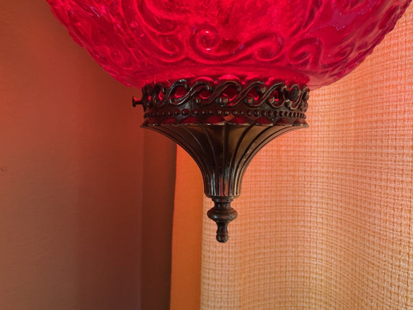 Vintage MCM Ruby Red Glass Hanging Swag Lamp mid century modern retro roses