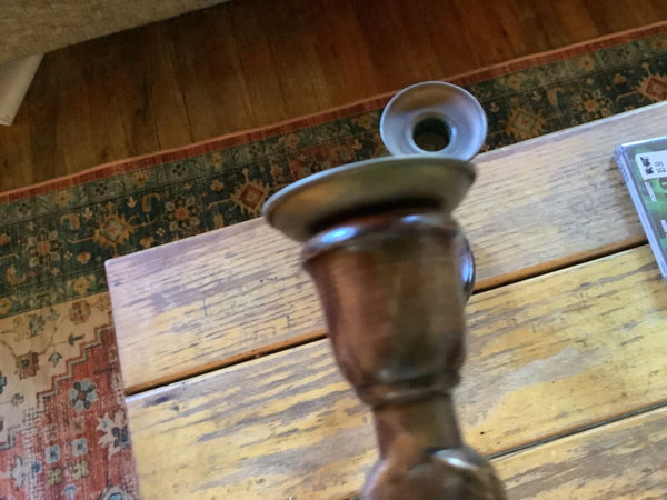 Antique  vtg English Oak Wooden Barley Twist Candlestick Brass Thistle Holders 2
