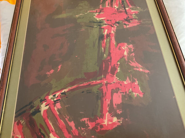 Vintage mid century  red green  Framed wood  frame Abstract Art print wall art