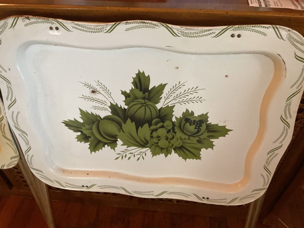 Pair Vintage Metal TV Trays tables cream green 1970s MCM mid century modern