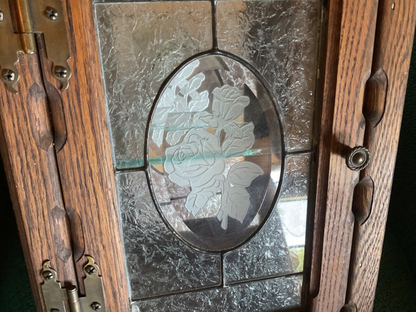 Antique Vtg Oak Wood wall Medicine Cabinet chest Glass Shelf etched roses mirror
