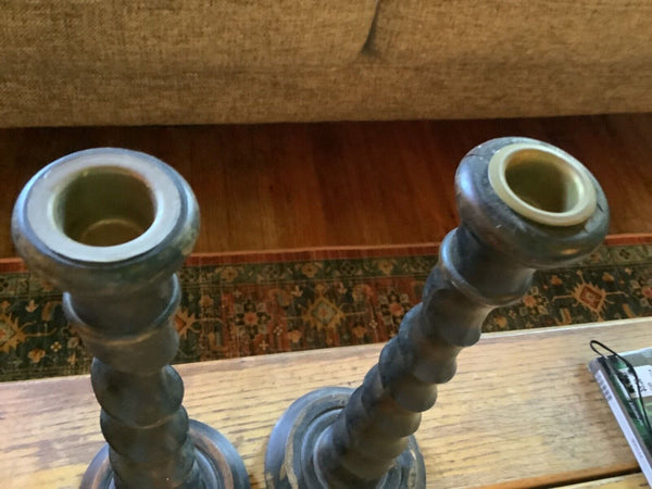 Antique  vtg English Oak Wooden Barley Twist Candlestick Brass Thistle Holders