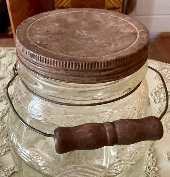Vintage Pickle Jar Glass Barrel with lid and wood handle