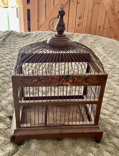 Vintage Bird Cage  birdcage wedding Hand Painted Flowers Wood Wire tray