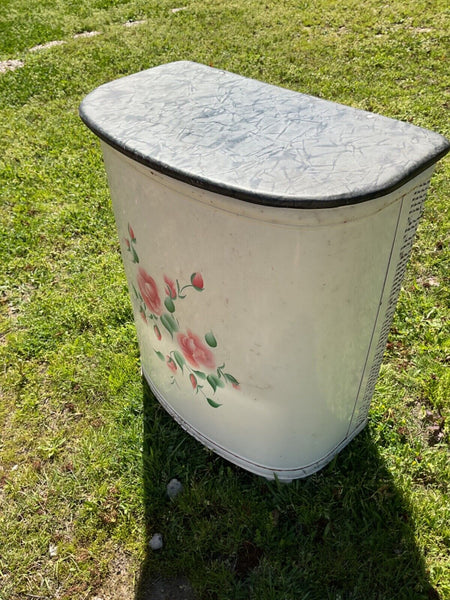 Vtg Pink Metal wicker Hamper Mid Century Hand Painted Tole Roses