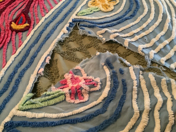 Vintage red pink Blue Peacock & Flowers  Chenille Bedspread  Flaws
