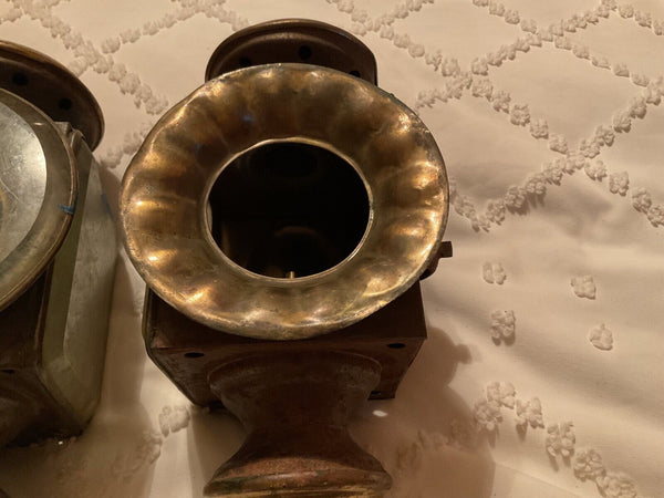 Pair Antique Brass Wagon Carriage Driving Lantern Lamp Lights Vintage