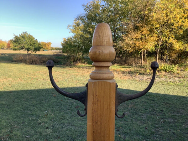 Antique vintage wooden wood Oak Hall Tree Coat Hat Rack brass hooks
