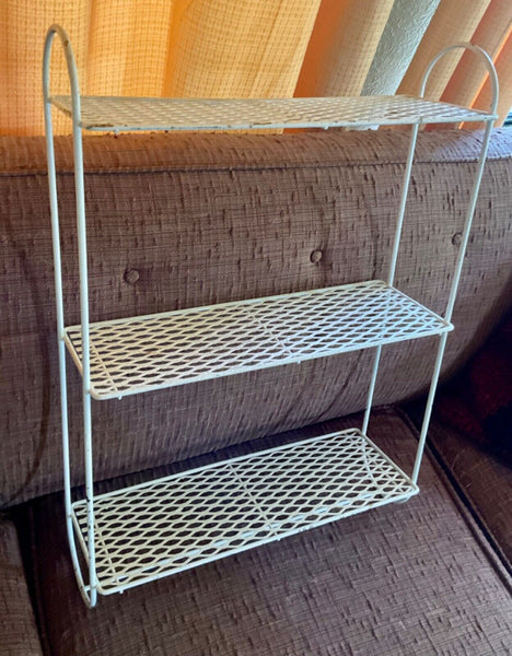 VTG Metal mesh wire 3 Tiered Wall Mid Century Modern White Shelf towel rack mcm