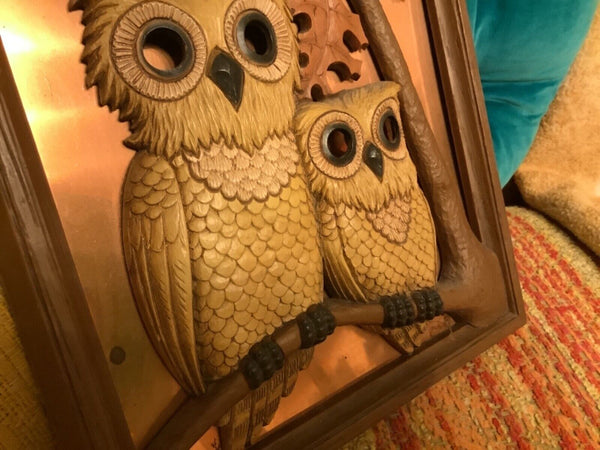 VTg COPPER CRAFt tin  OWL  tree COPPER PICTURE frame  Mcm mid Century retro