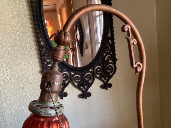 Vtg ANTIQUE ART NOUVEAU ART DECO BRIDGE ARM FLOOR LAMP red Ruby shade marble