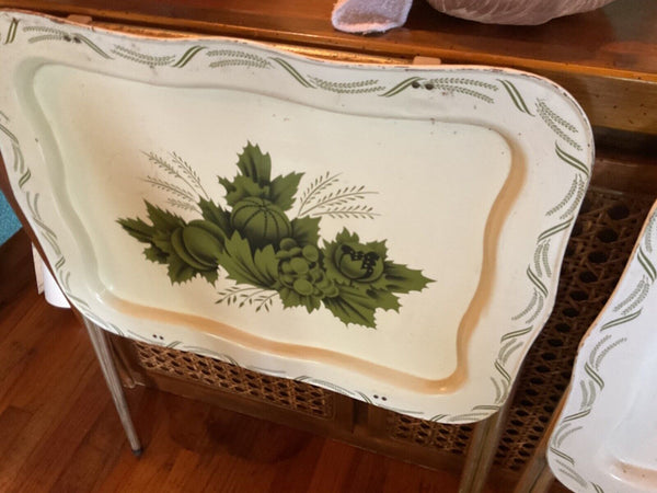 Pair Vintage Metal TV Trays tables cream green 1970s MCM mid century modern