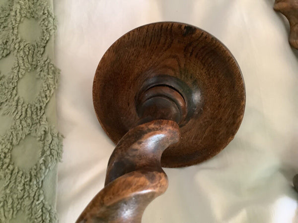 Pair Of  oak Wood “ BARLEY TWIST” Candlesticks candle holder Vintage antique
