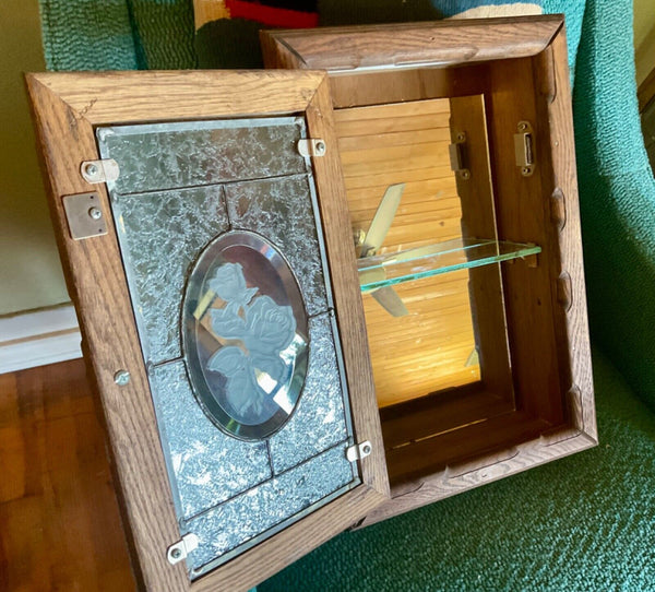 Antique Vtg Oak Wood wall Medicine Cabinet chest Glass Shelf etched roses mirror