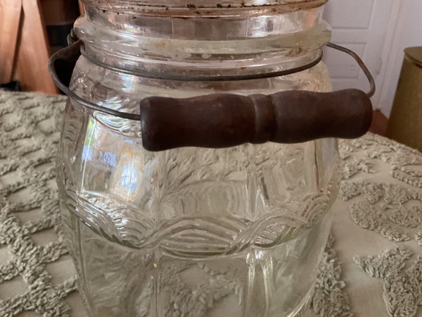Vintage Pickle Jar Glass Barrel with lid and wood handle