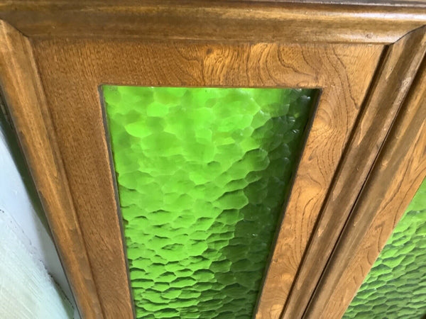 Vtg mid Century mcm Pair Stained wood Glass green cupboard Cabinet Doors