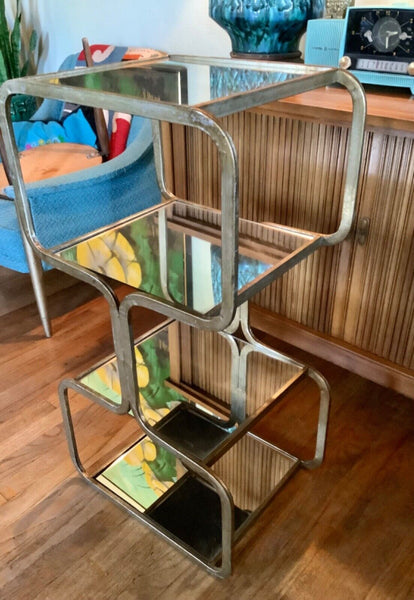 Vtg Brass gold  mirror Plant Stand Table Metal geometric mcm Regency mid century
