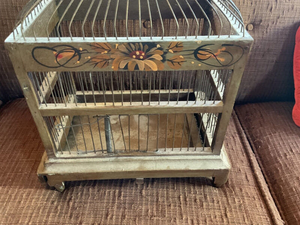Vintage Bird Cage  birdcage wedding Hand Painted Flowers Wood Wire tray