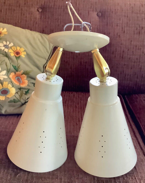 Vintage white double Dual Cone Light Fixture lamp '50's Mid Century modern mcm