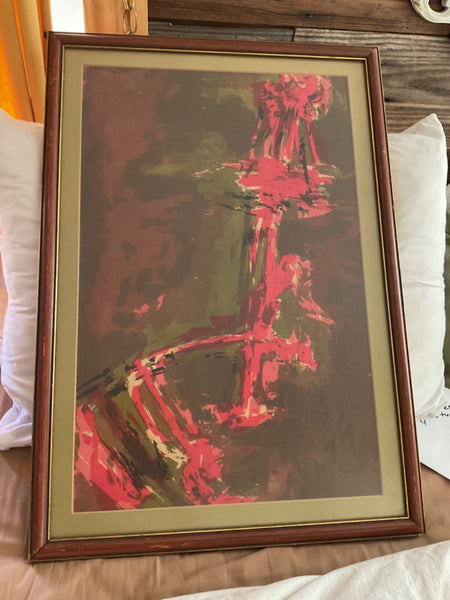 Vintage mid century  red green  Framed wood  frame Abstract Art print wall art