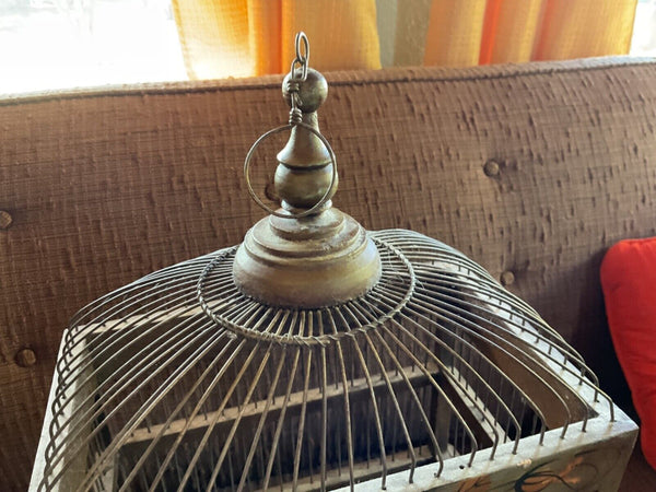 Vintage Bird Cage  birdcage wedding Hand Painted Flowers Wood Wire tray