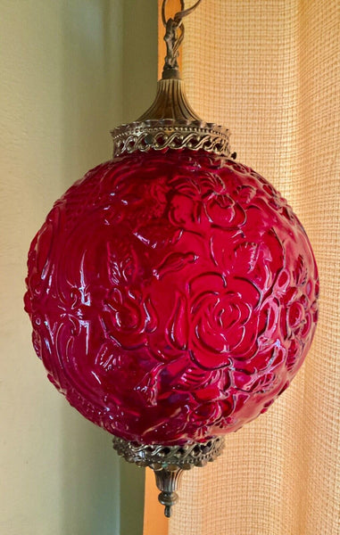 Vintage MCM Ruby Red Glass Hanging Swag Lamp mid century modern retro roses