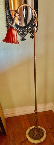 Vtg ANTIQUE ART NOUVEAU ART DECO BRIDGE ARM FLOOR LAMP red Ruby shade marble