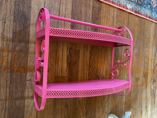 Vtg pink MCM 2 Tier Metal Wall Shelf with Towel Bar Scrolls Bathroom mid century