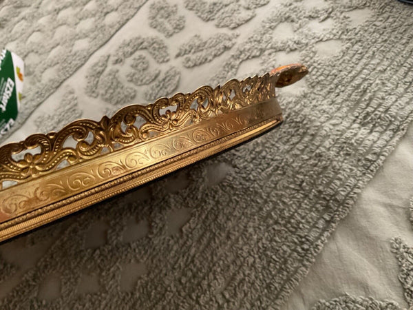 Vtg MID CENTUry FILIGREE ORMOLU VANITY PERFUME TRAY mirror regency