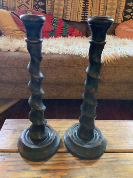 Antique  vtg English Oak Wooden Barley Twist Candlestick Brass Thistle Holders
