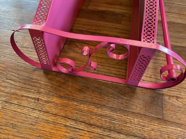 Vtg pink MCM 2 Tier Metal Wall Shelf with Towel Bar Scrolls Bathroom mid century