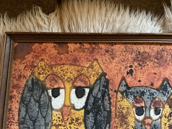 Vtg Lois S Becker 1967 owl painting Art Wood Frame Signed 1960s mid century mcm